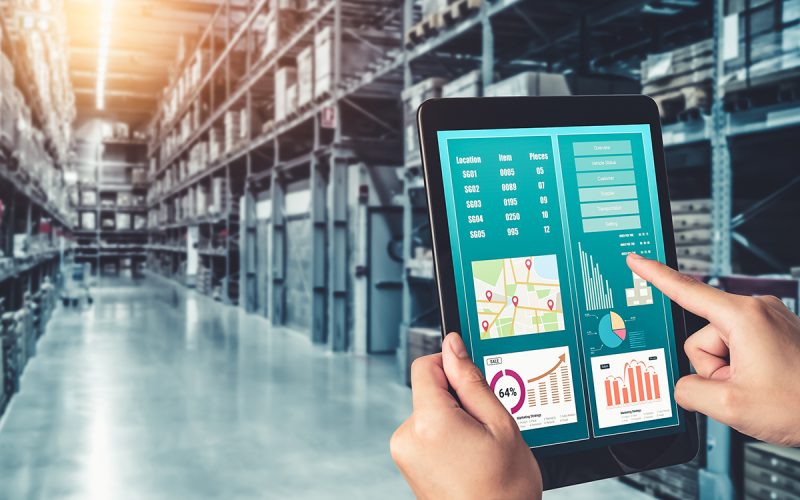 Warehouse,Management,Innovative,Software,In,Computer,For,Real,Time,Monitoring Warehouse management innovative software in computer for real time monitoring of goods package delivery . Computer screen showing smart inventory dashboard for storage and supply chain distribution .